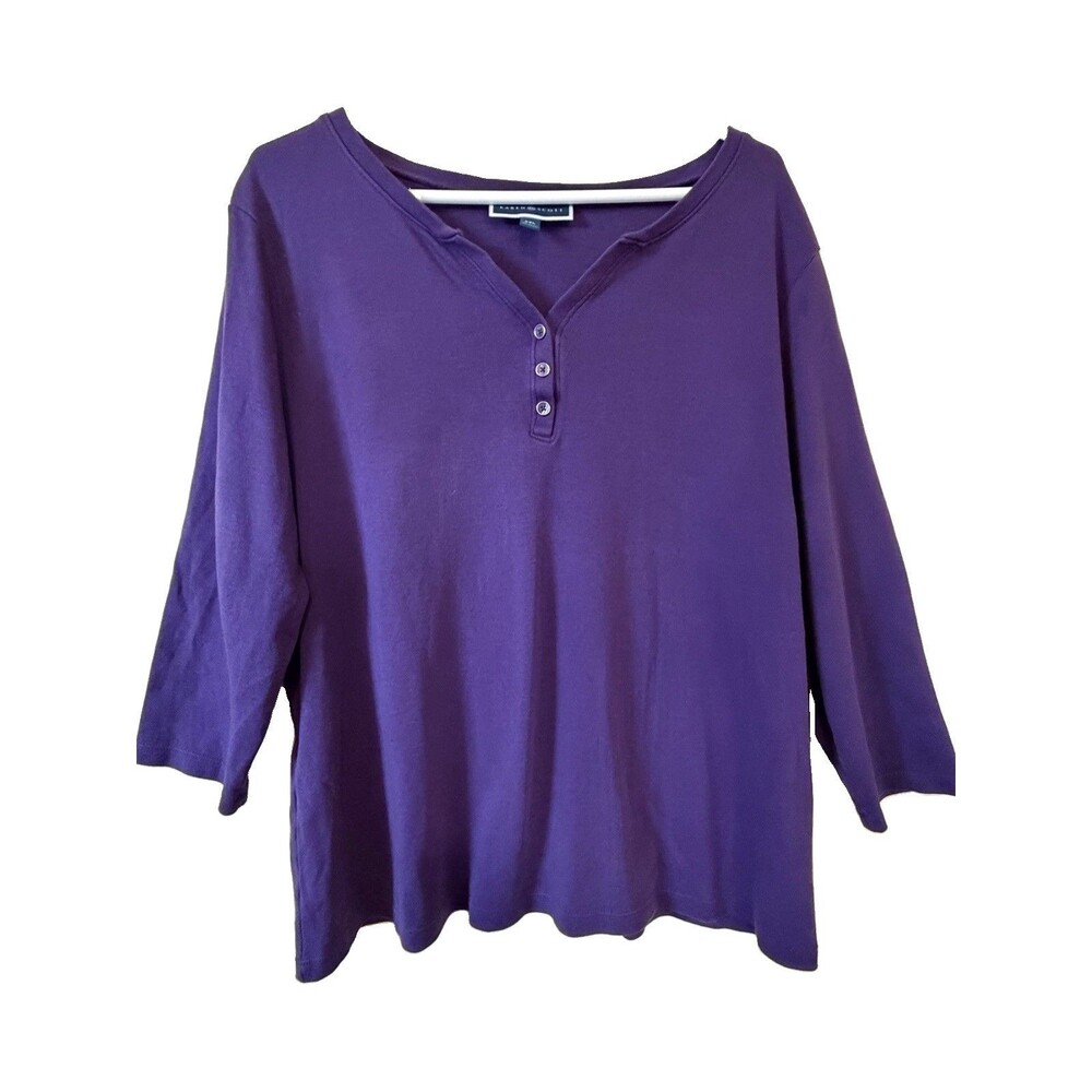KAREN SCOTT Purple Henley T-Shirt 2XL 3/4 Sleeves Armpit To Armpit 20”